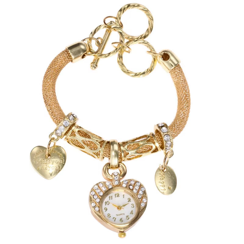 2025 Cute Golden Silver Heart Bracelet Watch INS Style Girl Women Heart Steel Band Bracelet Lover Watch Gift for Girlfriend
