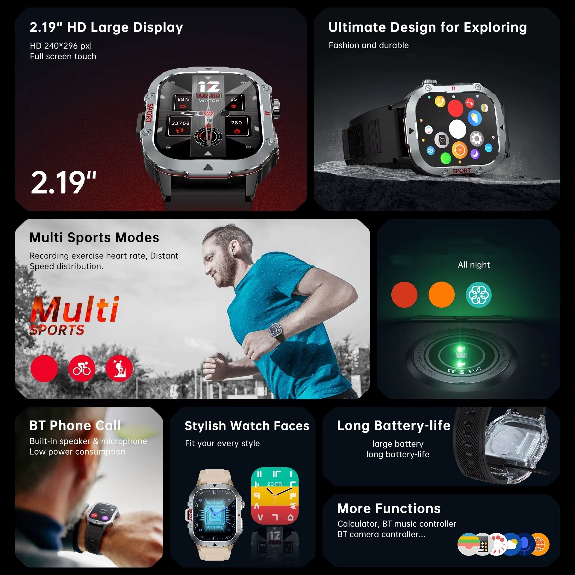 Military Smart Watch for Men Bluetooth Call 2.19'' HD Screen New Smartwatch Heart Rate Monitor Outdoor Sports for Android Phone