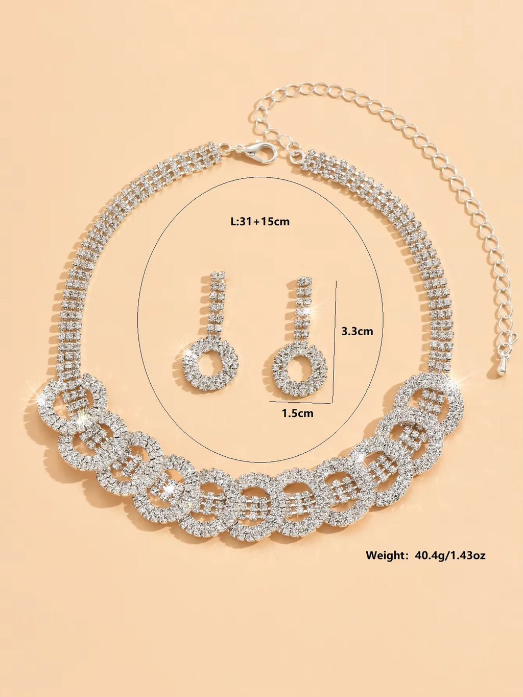 3Pcs Fashion Jewelry Set with Rhinestone Inlaid round Necklace Earrings Jewelry Set Suitable for Women'S Party Accessories