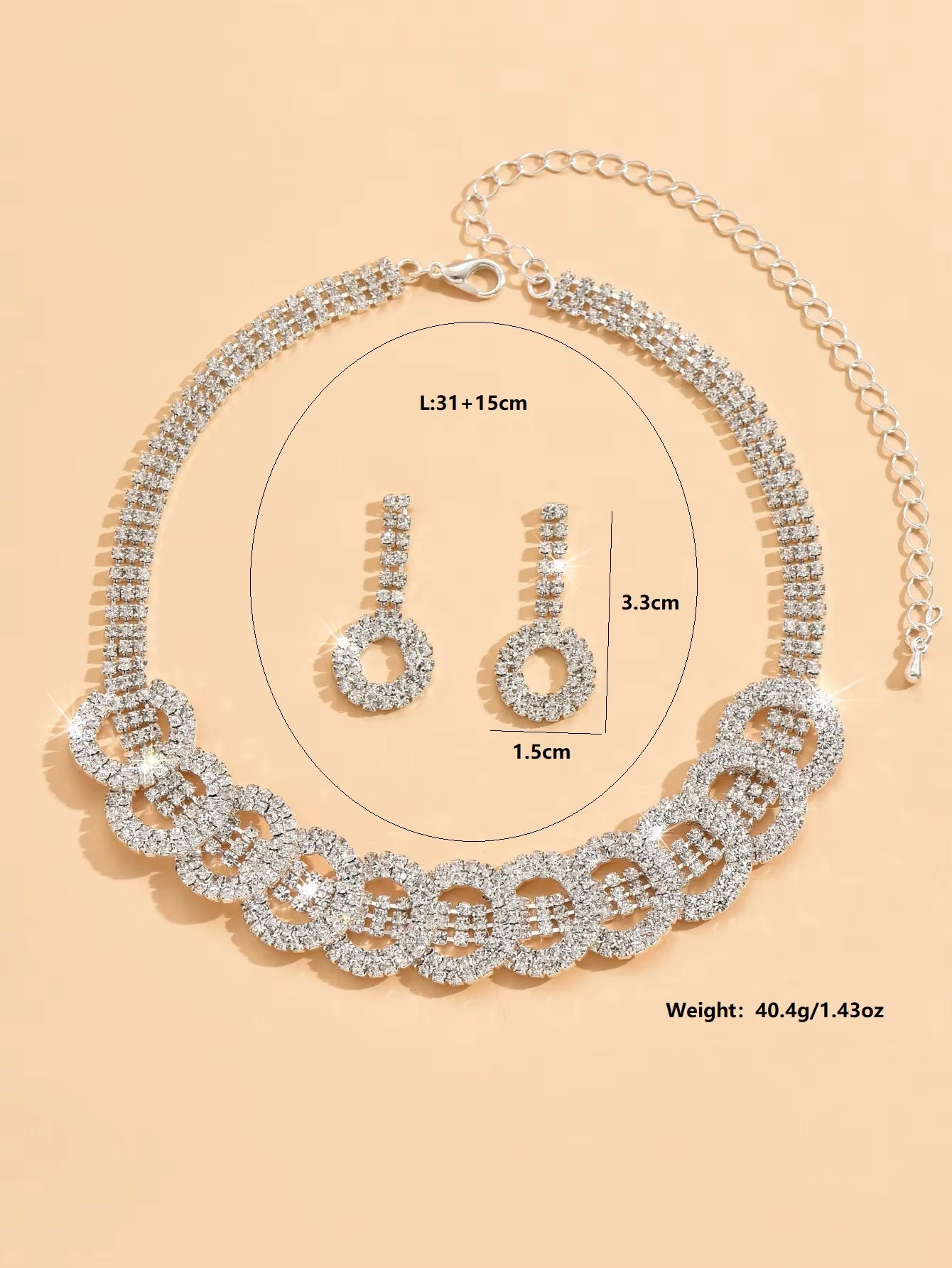 3Pcs Fashion Jewelry Set with Rhinestone Inlaid round Necklace Earrings Jewelry Set Suitable for Women'S Party Accessories