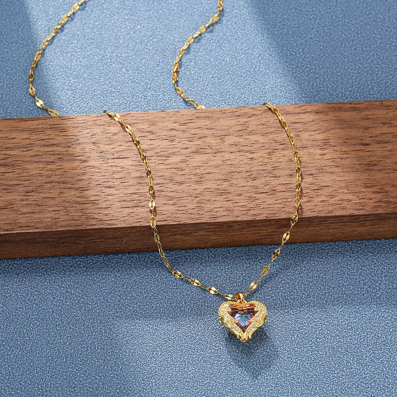 Top Luxury Colorful Crystal Ocean Heart Pendant Necklace for Women Trendy 316L Stainless Steel Jewelry Female Wedding Neck Chain
