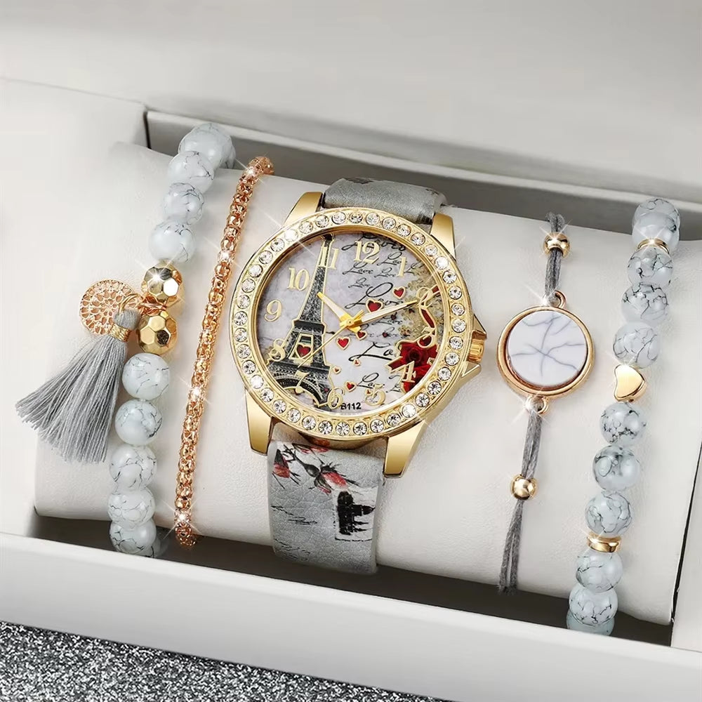 5Pcs/Set Fashion Women'S Watch European and American Classic Retro Quartz Watch with Exquisite Beaded Bracelet Set