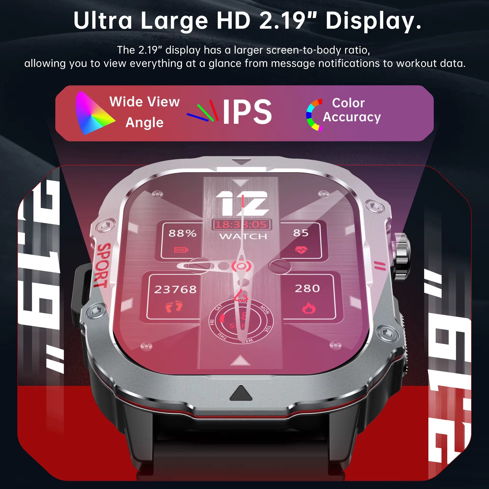 Military Smart Watch for Men Bluetooth Call 2.19'' HD Screen New Smartwatch Heart Rate Monitor Outdoor Sports for Android Phone
