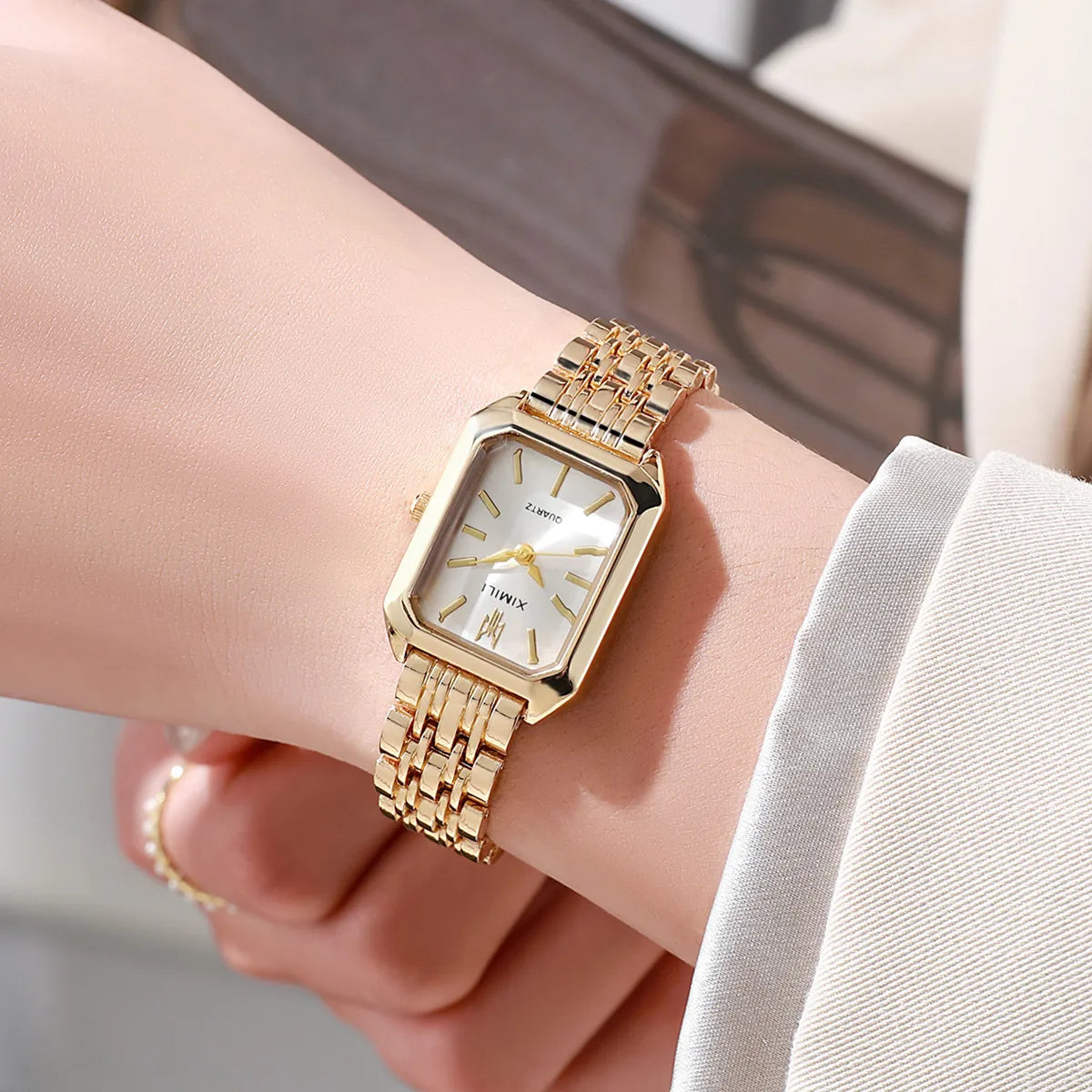 montre à Quartz échelle Simple carré qualité plaqué or en acier inoxydable