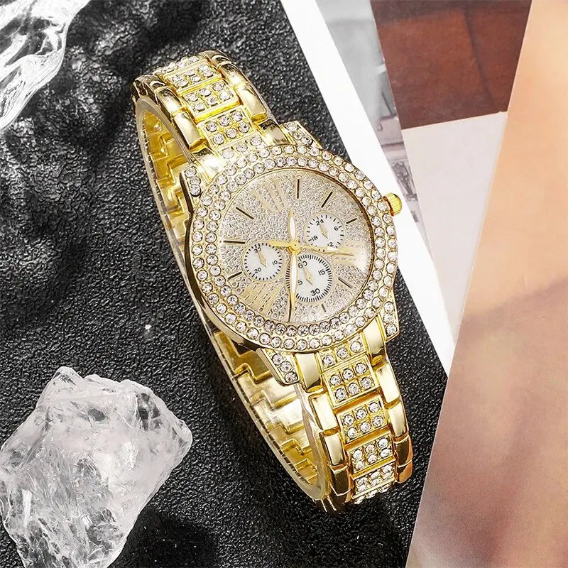 Women'S Quartz Watch Gold Luxury Women Ring Necklace Earring Rhinestone Fashion Wristwatch Casual Ladies Watches Jewelry Set