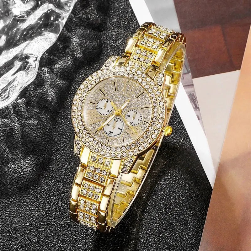Women'S Quartz Watch Gold Luxury Women Ring Necklace Earring Rhinestone Fashion Wristwatch Casual Ladies Watches Jewelry Set