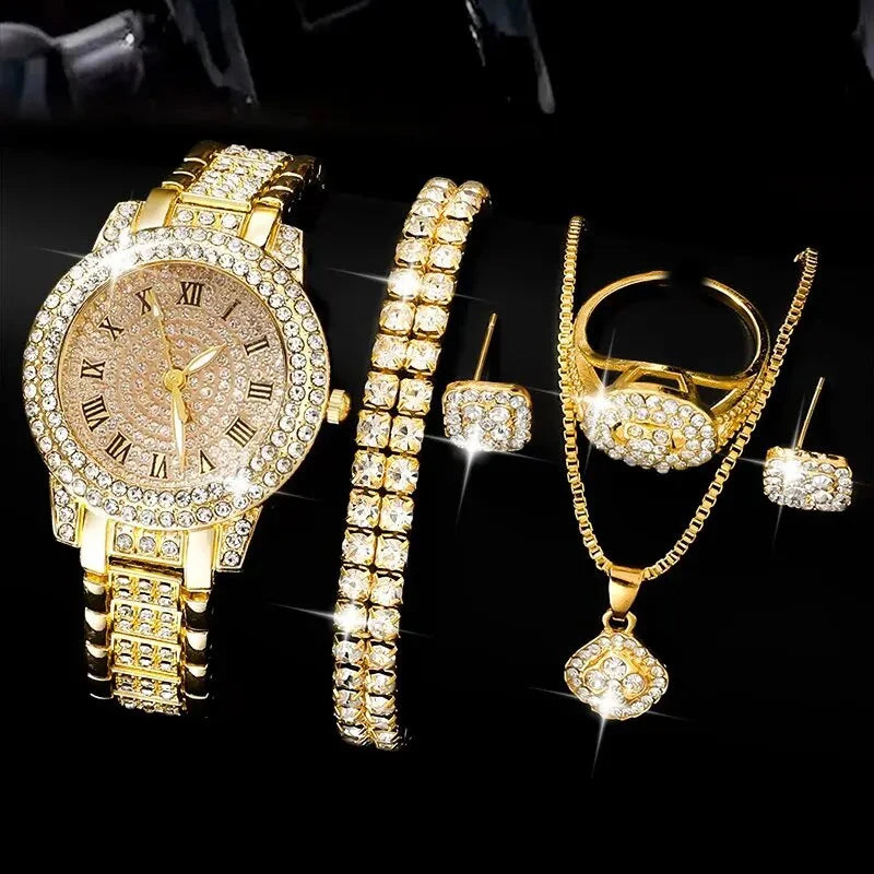 6 Pack Women'S Watches Luxury Elegant Alloy Watches Women Crystal Watch Gift Quartz Watch Alloy Rhinestone Bracelet Montre