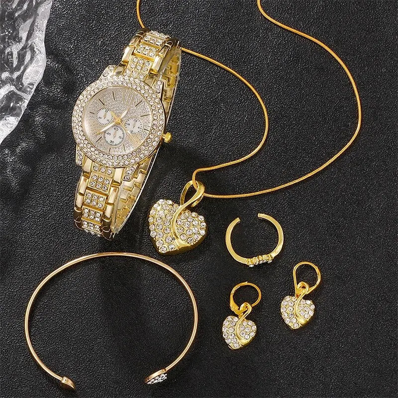 Women'S Quartz Watch Gold Luxury Women Ring Necklace Earring Rhinestone Fashion Wristwatch Casual Ladies Watches Jewelry Set
