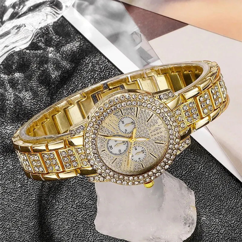 Women'S Quartz Watch Gold Luxury Women Ring Necklace Earring Rhinestone Fashion Wristwatch Casual Ladies Watches Jewelry Set