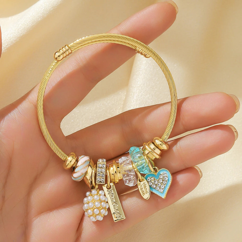 Fashion Multi Element Stainless Steel Circle Panjiadora Beaded Love Bracelet Suitable for Women'S Dating, Daily Holiday Gifts
