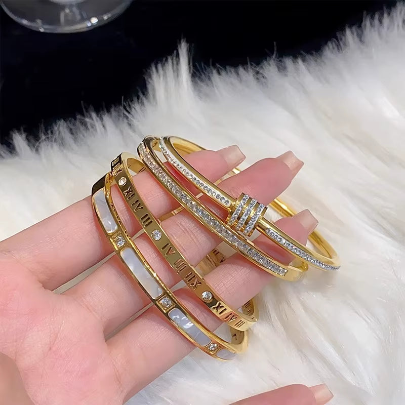 1Pc Titanium Steel Gold Bracelet, Fashionable Classic Style, Stainless Steel Bracelet,Inlaid with Zircon,For Womens Daily Wear