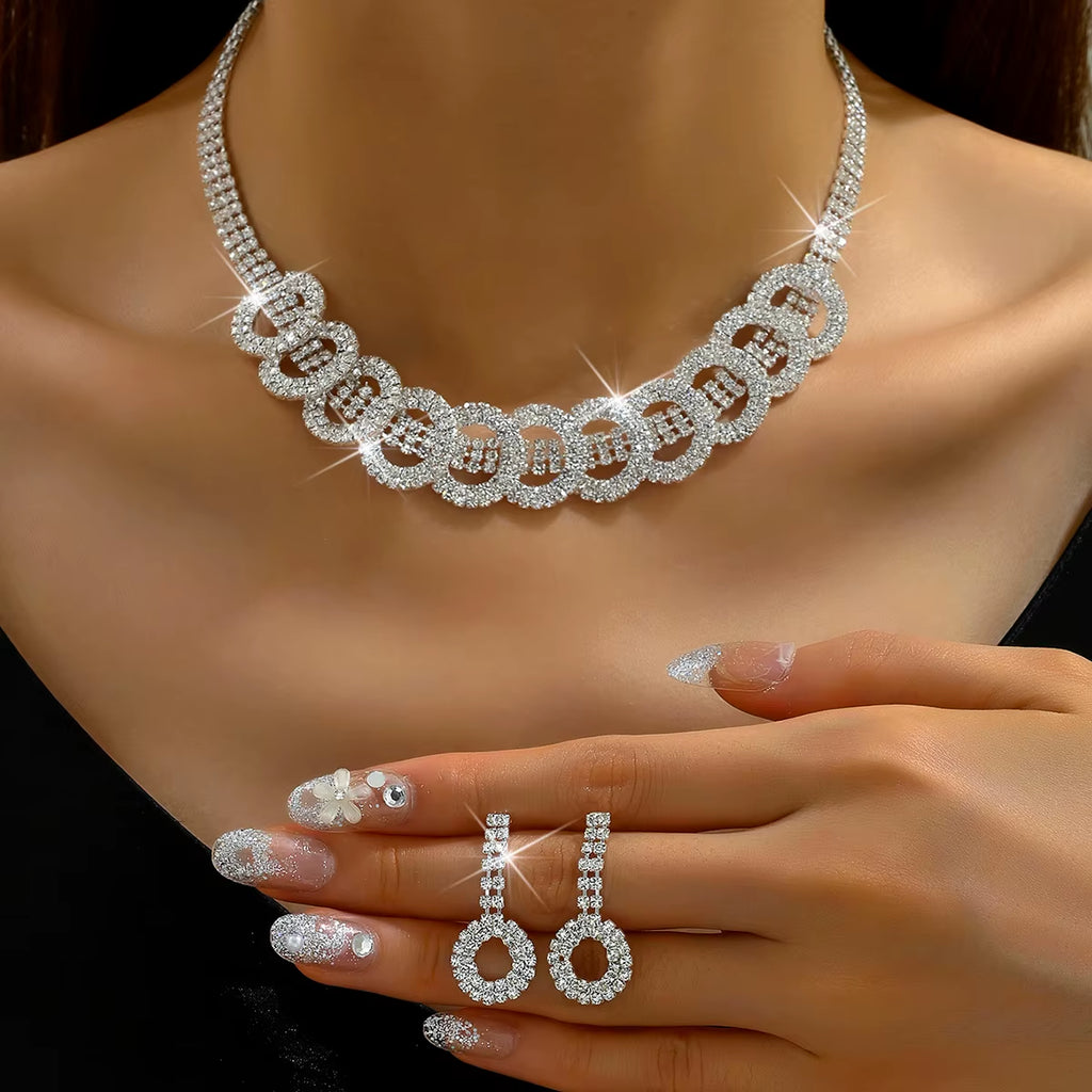 3Pcs Fashion Jewelry Set with Rhinestone Inlaid round Necklace Earrings Jewelry Set Suitable for Women'S Party Accessories