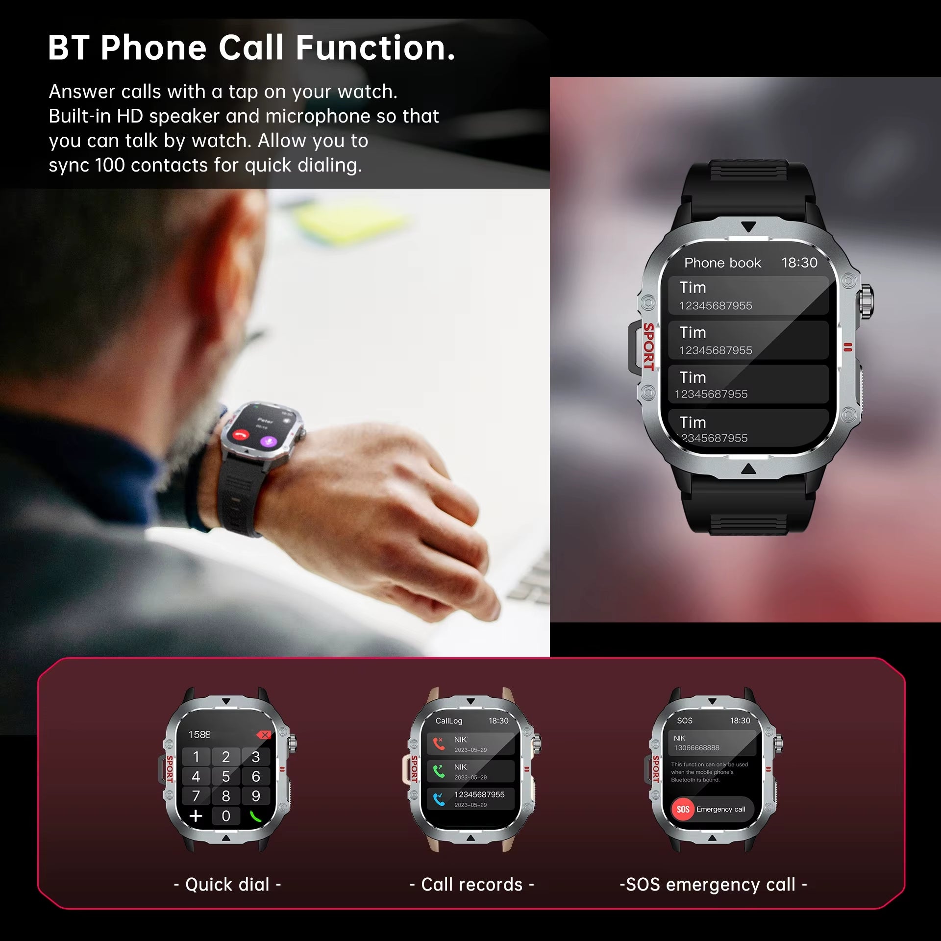 Military Smart Watch for Men Bluetooth Call 2.19'' HD Screen New Smartwatch Heart Rate Monitor Outdoor Sports for Android Phone