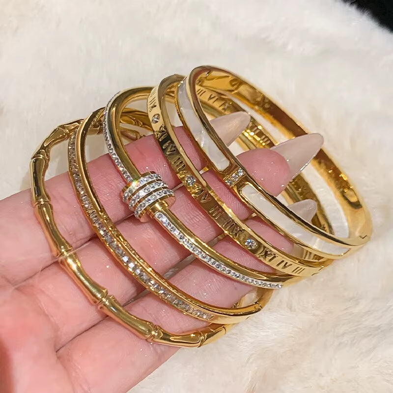 1Pc Titanium Steel Gold Bracelet, Fashionable Classic Style, Stainless Steel Bracelet,Inlaid with Zircon,For Womens Daily Wear